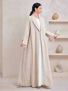 Veilorie 女士翻领长袖撞色蕾丝阿拉伯长袍开衫 - 杏色 - 查看 2