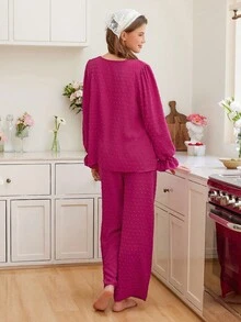 SHEIN Set pijamale pentru femei, model jacquard, cu buline în relief, cu decolteu în V și pantaloni lungi, haine de toamnă - Roz fierbinte - Vizualizare 2