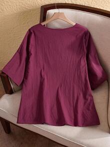 EMERY ROSE Camisa de estilo campestre asimétrica color vino tinto para tallas grandes, ropa de otoño - Burdeos - Ver 2