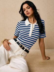 Poéselle Áo thun polo tay ngắn cổ bẻ mặc thường ngày cho nữ - Màu xanh lam - Xem 6