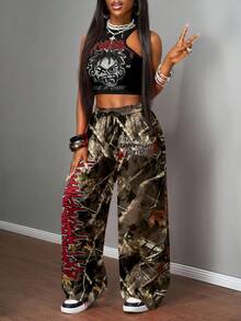 Slaydiva 女士秋装/女士冬装/女装外出上衣/Y2k 服装/街头服饰/2 件套女士休闲街头紧身吊带背心和宽松裤子套装/适合街头风格/适合臀部 - 彩色 - 查看 4