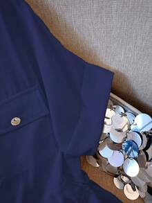 Franclia Damen V-Ausschnitt Reißverschluss Kordelzug Lässig Kurzarm Bluse - Königsblau - Übersicht 4