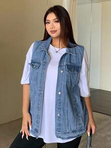 Dazy Plus Washed Blue Faded Collar Loose Sleeveless Denim Vest/Jacket - Blue - View 6