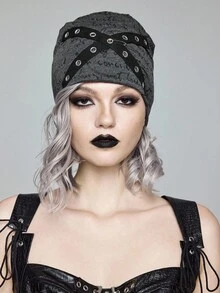 ROMWE Grunge Punk Gray Letter Random Print Headband Hairpin Eyelet Criss-Cross Beanie Hat, Personalized Fashion Versatile Unisex Beanies Suitable For Vacation, Party, Social, Shopping - Grey - View 3