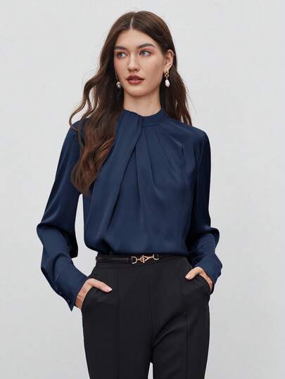 BizChic 2025 秋冬新款海军蓝领褶设计女式套头衫，现代优雅时尚商务休闲办公装，经典永恒百搭百搭浪漫适合正式场合、派对、婚礼、音乐会、早午餐、机场、国庆节、新年、圣诞节、万圣节