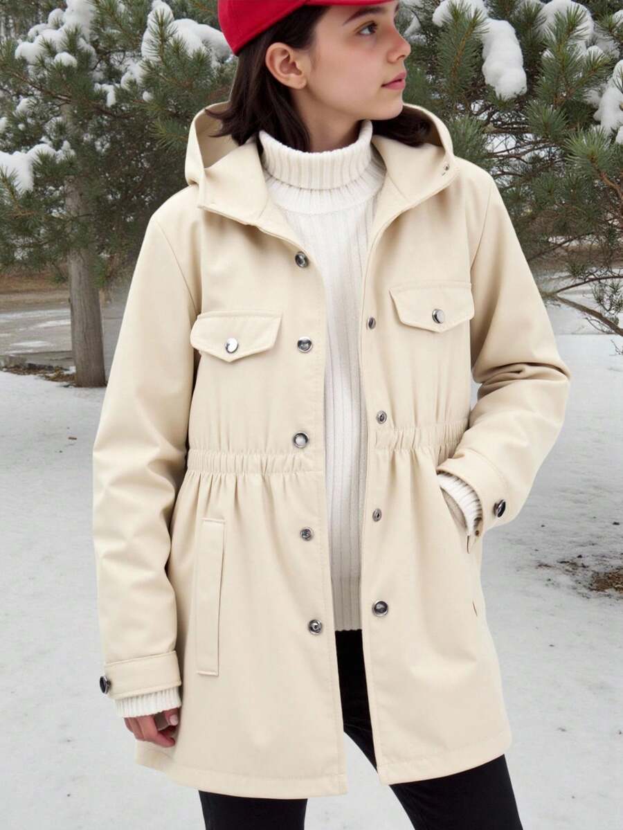 SHEIN Tween Girl Apricot Drawstring Waist Single-Breasted Casual Hooded Jacket - Apricot - View 1