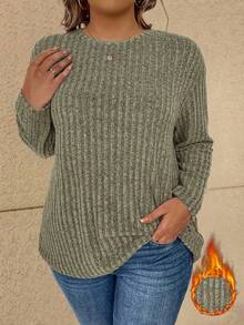 SHEIN 秋季大码女式纯色圆领落肩长袖休闲罗纹T恤