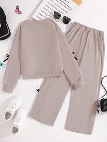 SHEIN Tween Girls Casual Resort Comfy Simple Preppy Cute Bow Contrast Color Tape 2 Pieces Set Young Girls Sets Fall Winter - Camel - View 2