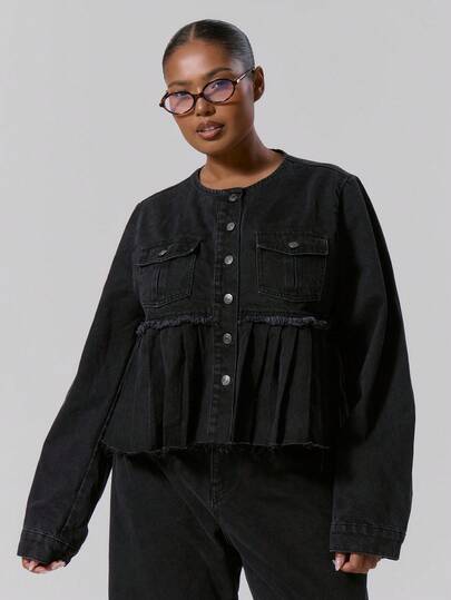 MUSERA Chaqueta vaquera con detalle de bolsillo con botones y dobladillo plisado, talla grande, para otoño, invierno, vuelta al colegio, linda, diaria, casual, club de café de otoño e invierno