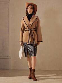 Wildy 女士休闲撞色人字纹长袖羊毛大衣配腰带秋冬女装 - 摩卡棕 - 查看 3
