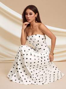 SHEIN PETITE 优雅公主风白色波点长裙，露肩休闲派对连衣裙，升级版适合娇小女性 - 白色 - 查看 1