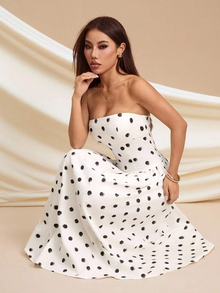 SHEIN PETITE 优雅公主风白色波点长裙，露肩休闲派对连衣裙，升级版适合娇小女性 - 白色 - 查看 1