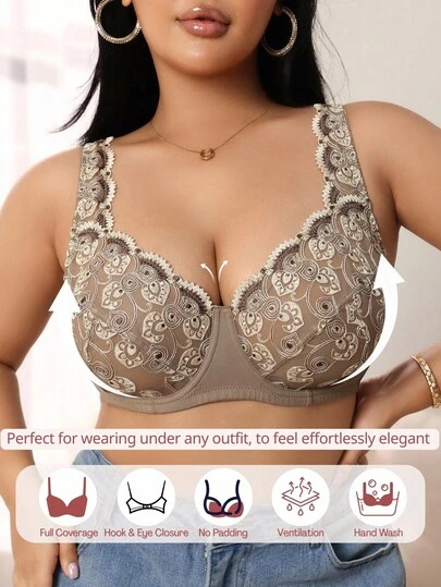 SHEIN 大码女士刺绣钢圈文胸 大码女士文胸 大码蕾丝文胸 大码无钢圈文胸 全罩杯文胸 大码无衬垫文胸 大码，提升