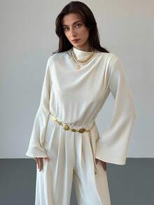 Aloruh 全新百搭杏色秋冬打底连体裤，简约时尚日常穿着，褶饰，收腰，阔腿，超长喇叭袖 - 杏色 - 查看 5