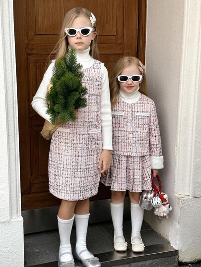 SHEIN Elladie kids Tween 女童舒适彩色格子无袖休闲连衣裙，甜美学院风，春秋季