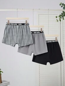 SHEIN 3 件套青少年男童休闲格子平角内裤，经典简约百搭百搭内衣套装，适合居家、日常、度假、春夏秋冬