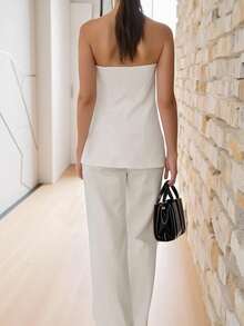 INAWLY 2pcs Women Casual Solid Color Bandeau Top And Pants Set - Beige - View 3