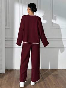 EURMUSE Women Hand Stitch Detailed Round Neck Sweater And Sweater Pant 2 Pieces Outfit Set Co-Ords - Burgundy - View 2
