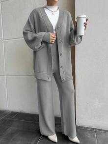 EURMUSE Women Drop Shoulder Button Front Cardigan And Sweater Pant 2 Pieces Outfit Set Co-Ords - Grey - View 7
