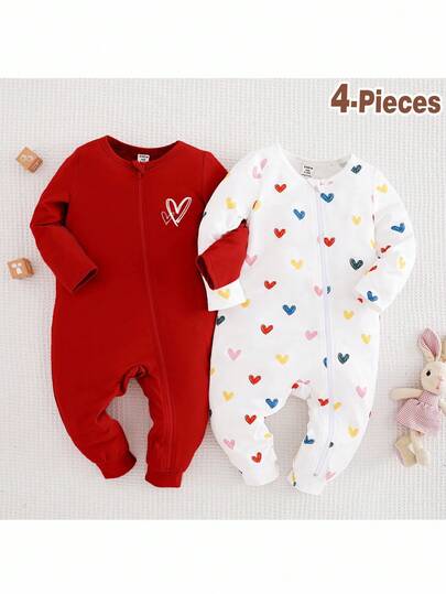 Loomiva 2pcs Newborn Baby Girl Cute Heart Pattern Knitted Long Sleeve Romper Set, Autumn/Winter