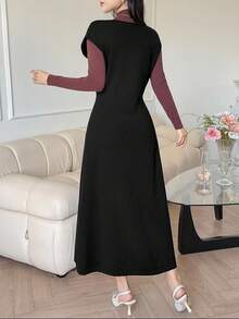 DAZY Women's Elegant V-Neck Solid Color Knitted Dress, High-End, Autumn/Winter Sweater Dress - Black - View 4