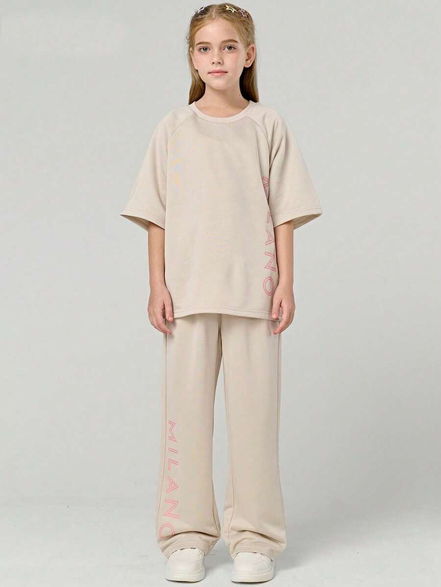 SHEIN Explorewe Tween Girls 2Pcs Set: Letter Print Raglan Sleeve Loose T-Shirt And Pants