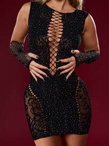 MISSGUIDED Crystal Embellished Bodycon Mini Dress Lace Up Front Detail Long Mesh Gloves Party Club Evening Glitter Rhinestone Statement - Black - View 1