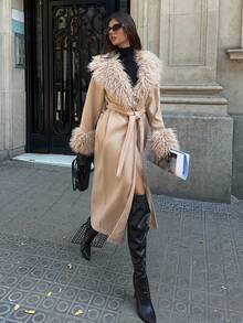 Aloruh Casaco de Lã Mista Feminino com Acabamento de Pele Sintética, Jaqueta Longa de Estilo Boêmio, Corta-Vento nas Cores Cáqui e Bordô para Outono/Inverno