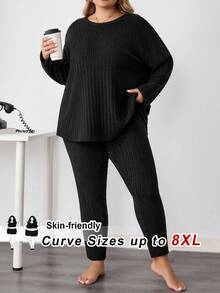 SHEIN CURVE+ Bộ 2 món/Bộ đồ thể thao phong cách Pháp cỡ lớn cho nữ trở lại trường, quần legging họa tiết tối giản và áo dài tay/Mùa thu/Mùa đông - màu đen - Xem 1