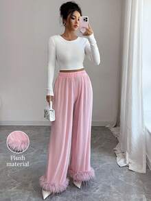 Selianne Women's Elegant Elastic Waist Patchwork Wide Leg Pants - Pink - View 7