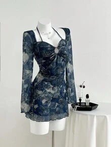 Elamini Váy ngắn ôm sát họa tiết hoa Paisley và hạt điều thường ngày dành cho nữ, mùa thu - Màu xanh lam - Xem 3