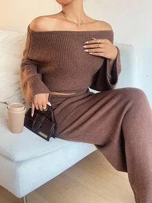 SHEIN Unity 1 Set Sexy Versatile Off-Shoulder Long Sleeve Top And Skirt Knit Suit - Coffee Brown - View 5