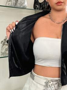 SHEIN EZwear Plus Size Solid Color Zip-Up Short Casual Bomber Jacket Winter Fall Autumn - Black - View 7