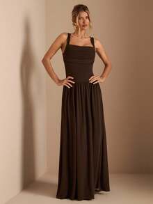 SHEIN BAE 优雅女士纯棕色连衣裙，大翻领设计，裙摆呈A字形，适合秋冬季日常穿着、派对、活动、约会等场合。 - 棕色 - 查看 5