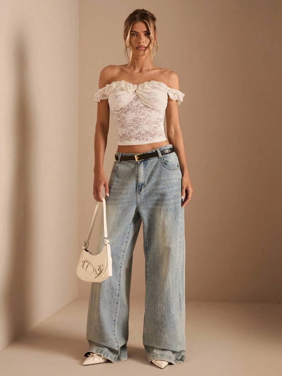 SHEIN BAE 1 件女士蕾丝衬衫、秋冬日常穿着汗衫、白色蕾丝上衣 - 白色 - 查看 1