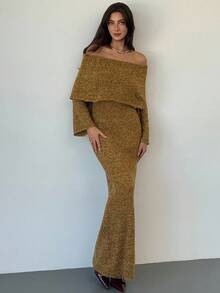 Aloruh Women's Elegant Mustard Yellow Sweater Dress,Off Shoulder Large Lapel Long Sleeve Slim Fit Solid Color Knit Dresses For Autumn Date Night Clothing - Green - View 5