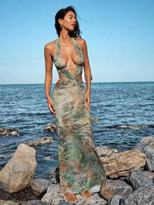 Opulessa 女士热带植物印花镂空腰性感沙滩裙 - 彩色 - 查看 5