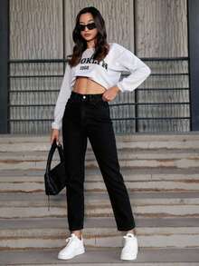 EURMUSE Quần jean cạp cao Mom Fit cho nữ 100% cotton - màu đen - Xem 3