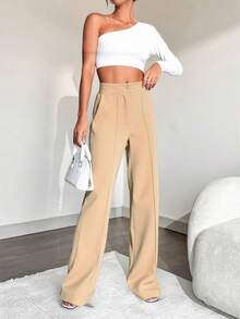 EURMUSE Ladies' Solid Color Suit Trousers With Pockets - Beige - View 1