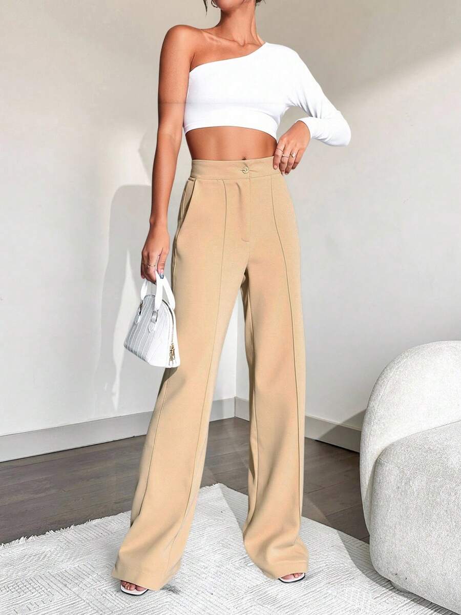 EURMUSE Ladies' Solid Color Suit Trousers With Pockets - Beige - View 1