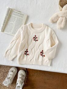 SHEIN Vintaside Kids 女童秋冬毛衣，新款时尚针织套头衫，女童休闲加厚刺绣针织上衣，居家、户外、旅行皆宜 - 米色 - 查看 3