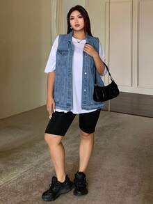 Dazy Plus Washed Blue Faded Collar Loose Sleeveless Denim Vest/Jacket - Blue - View 3