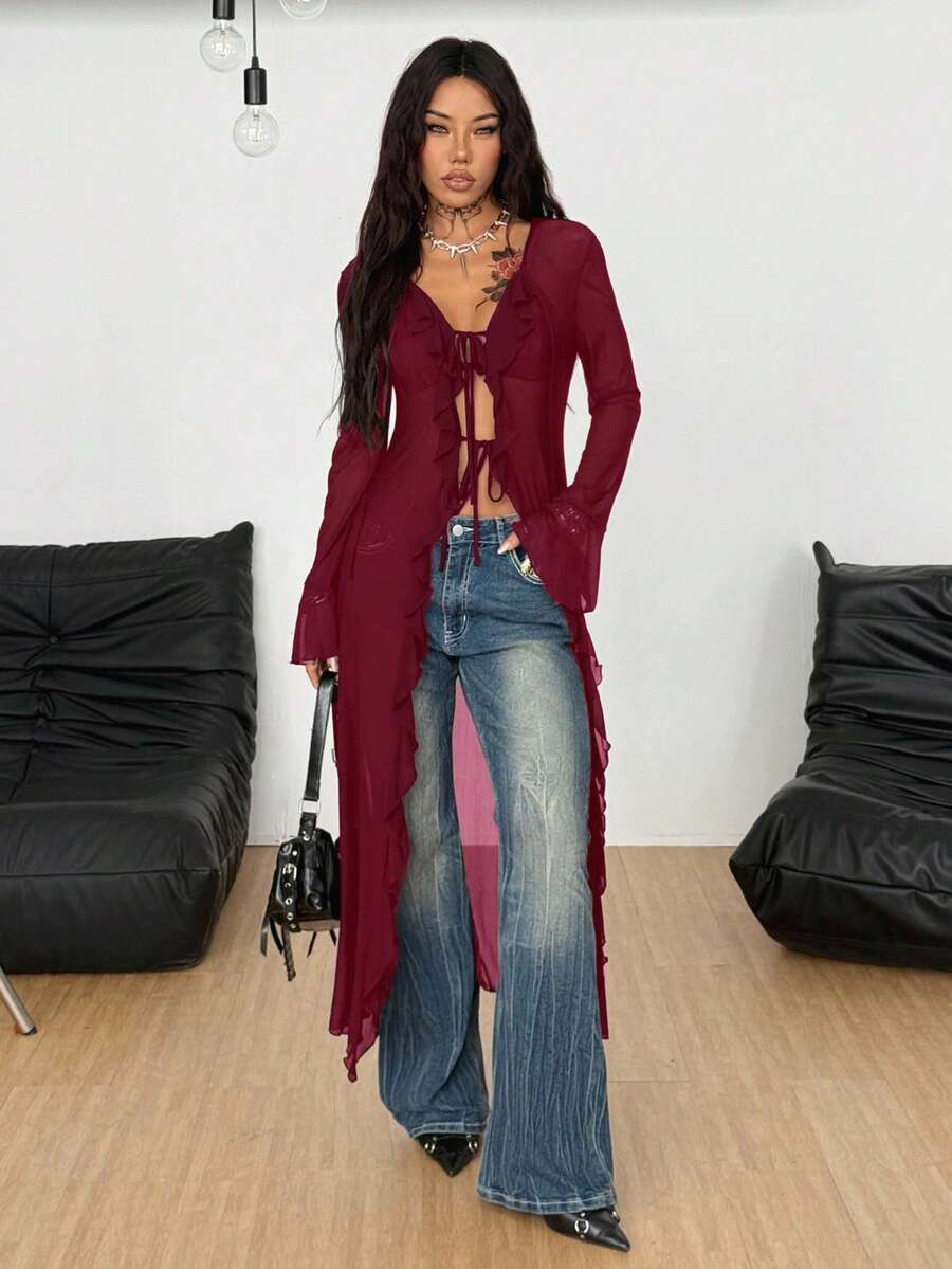 Coolane Women's Fall/All-Season Rave Renaissance Fair Hippie Music Festival Gyaru Mesh Straps Ruffle Ribbon Long Coat