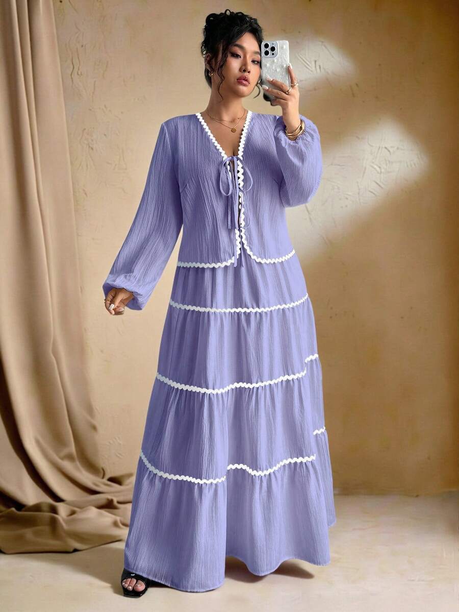 SHEIN Tall 加大码女式编织纹理长袖开衫，搭配系带腰带，撞色荷叶边下摆设计，松紧腰长裙，法式优雅浪漫两件套 - 紫丁香色 - 查看 1