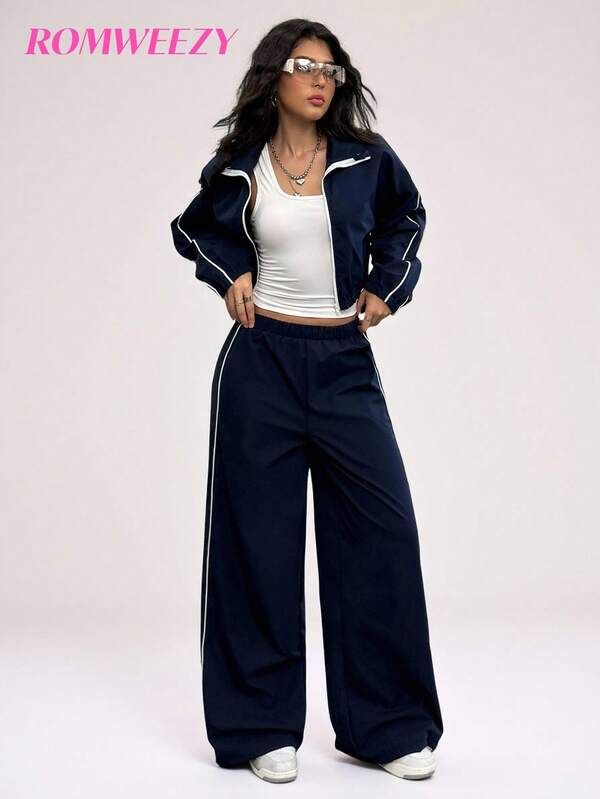 3pcs/Set Casual Outfit For Teenage Girls, Includes: Zipper Jacket With Contrast Trim, Soft White Tank Top, And Matching Contrast Striped Pants, Great For Daily Wear And Leisure Activities Fall Winter