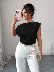 Elenzga Women Elegant Commuter Solid Color Ruffle Shoulder Blouse