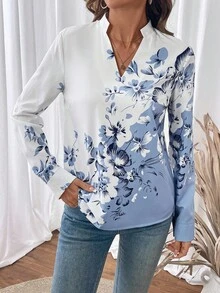 SHEIN LUNE Women's Stand Collar Printed Long Sleeve Fitted Blouse - White - View 4