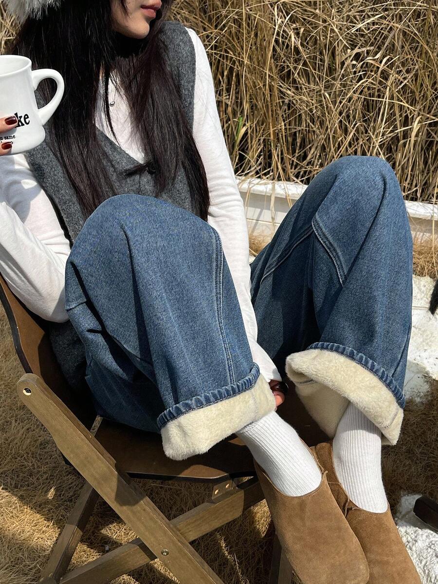 DAZY 女士保暖内衬直筒牛仔裤，复古高腰修身阔腿牛仔裤，秋冬季保暖内衬 - 藍色 - 查看 1