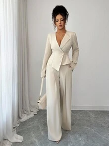 Elenzga Elegante set con blusa a maniche lunghe e scollo a V, vita stretta in modo unico con orlo asimmetrico, abbinata a pantaloni ampi a gamba larga. Un set elegante e professionale, adatto per le celebrazioni del Ringraziamento e di Ognissanti. Adatto per occasioni casual da ufficio. - Albicocca - Visualizzare 7