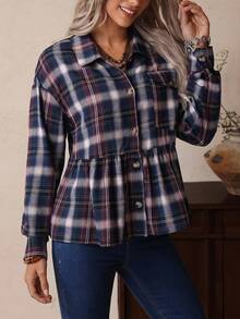 LanaWest Women's Multi-Color Plaid Traceable Fabric Lapel Button Single Pocket Design Loose Babydoll Hem Western Bohemian Casual Resort Style Street Fashion Thanksgiving Halloween Autumn/Winter New Essential Fashionable Long Sleeve Loose Thin Jacket - Multicolor - View 6